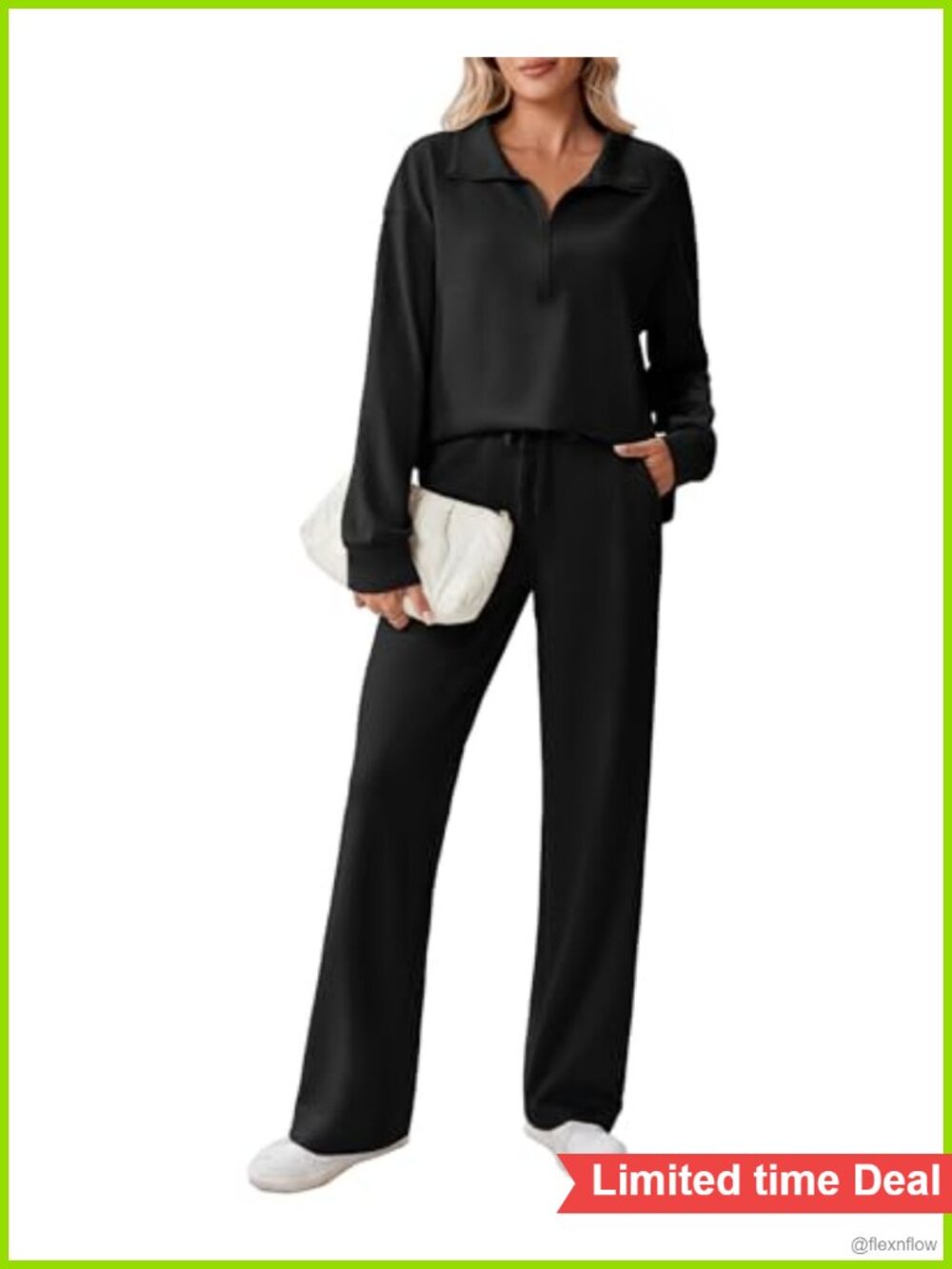 2 Piece Sweatsuit Set Half Zip Stand Collar Drop Shoulder Side Slits Straight